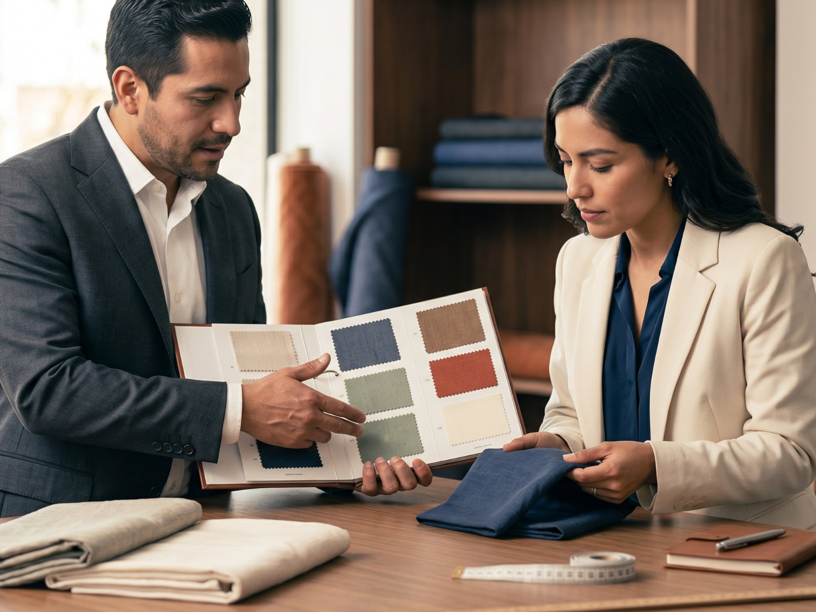 Representante de ventas mostrando catálogo mayorista en showroom