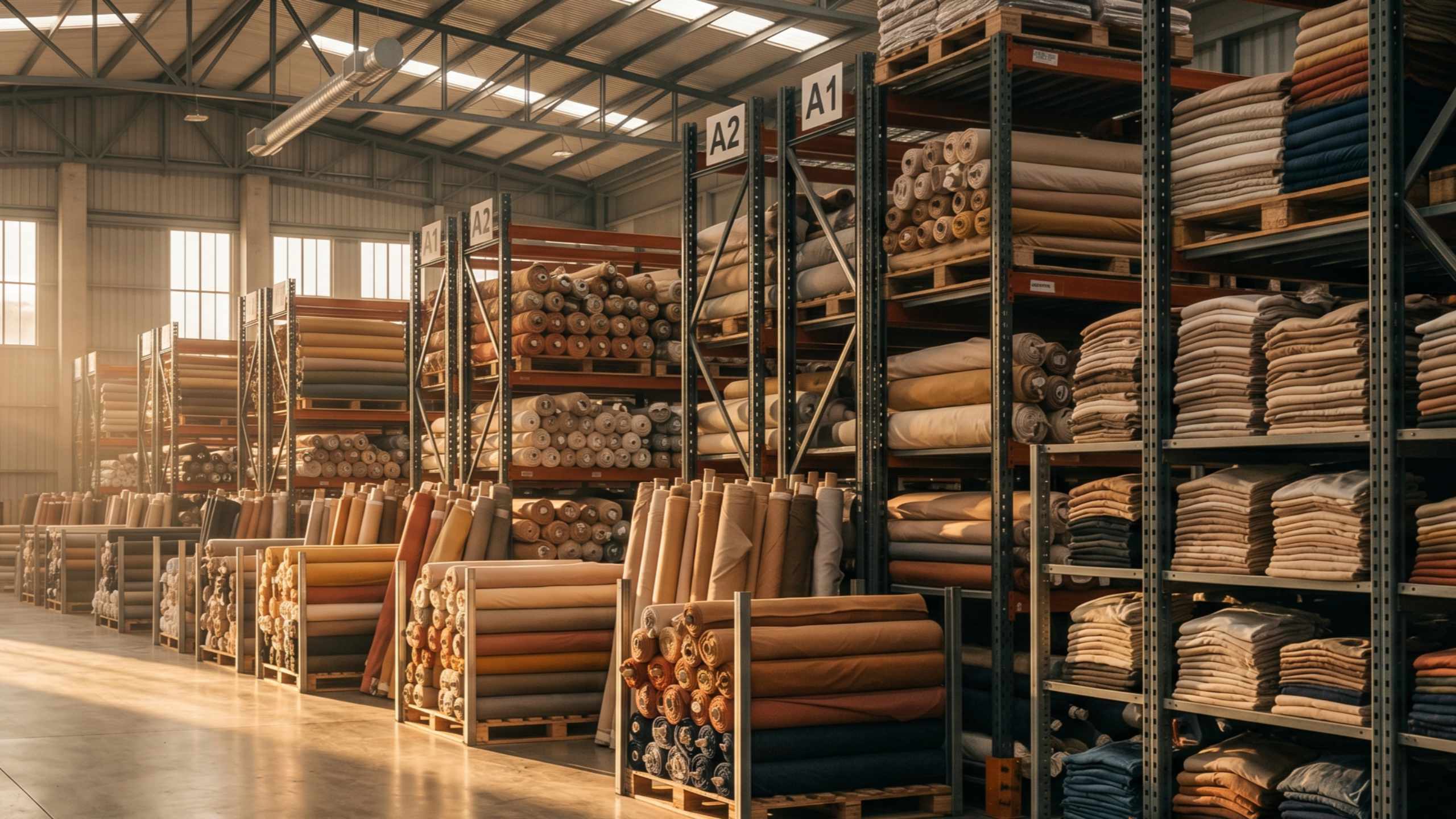 Variedad de productos textiles del catálogo mayorista: ropa, uniformes y telas